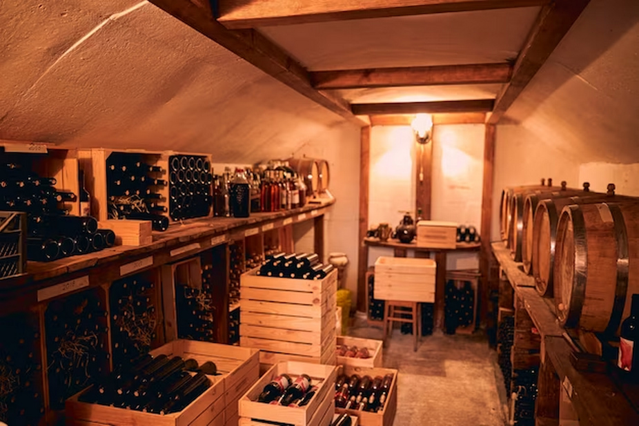 Alcohol bottles on crates and wine barrels